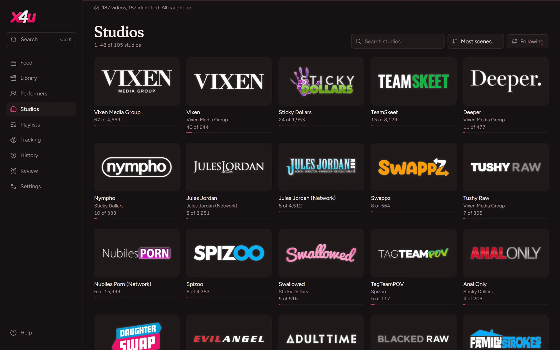 The studios page, with each studio's logo.