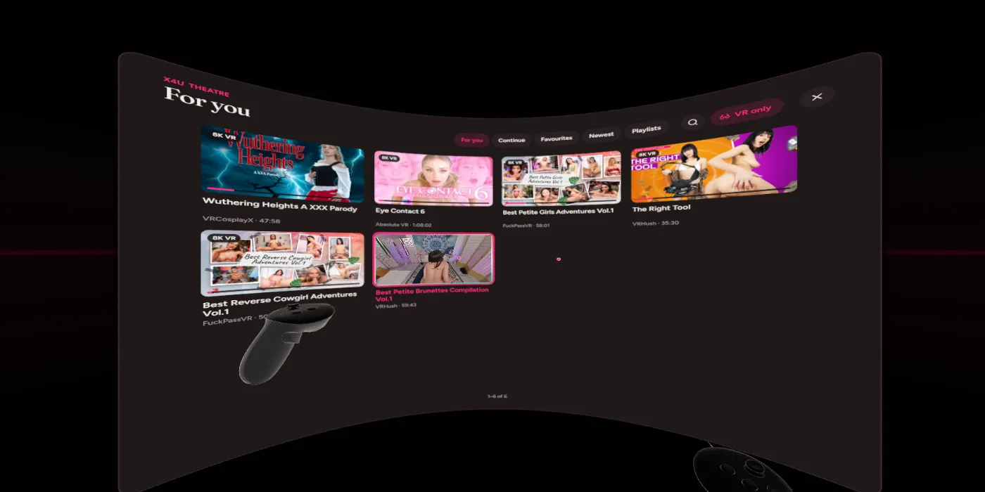 The x4u Theatre in VR: a curved wall of VR scenes with tabs for For you, Continue, Favourites, Newest and Playlists.